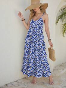 Glamance Whitebread Elegant Blue Ditsy Floral Long Dress For Women, Summer Holiday Blue Floral Maxi Dress Long Summer Dress Summer Maxi Dress Sundress Vacation Dress Office Women Outfits Going Out Outfits Business Casual Woman Office Outfits For Women Beach Outfits For Woman - Blue - View 3