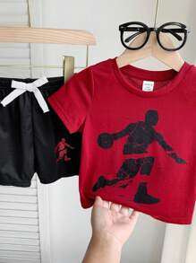 SHEIN 2pcs/Set Toddler Boys Red & Black Cartoon Figures Print Round Neck Pullover Top With Drawstring Waistband Shorts,Summer Casual Beach Sports Outfits - Multicolor - View 4