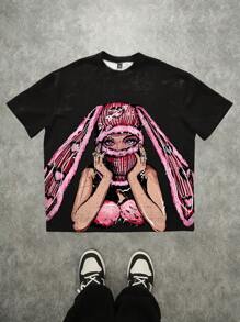 Manfinity EMRG Camiseta de manga corta de cuello redondo de corte holgado con estampado digital, versátil para el verano