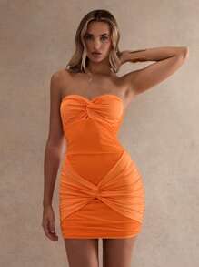 Glamine 荧光橙色露肩褶皱透视镂空迷你连衣裙、约会夜装、夏装、生日装、度假装、女士夏装、女士度假装、优雅派对连衣裙、女士太阳裙、褶皱连衣裙、抹胸连衣裙、紧身胸衣连衣裙 - 珊瑚橙 - 查看 5