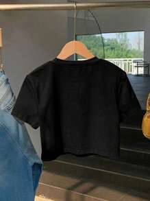 Women's Casual Skull & Letter Print Round Neck Short Sleeve T-Shirt, Summer - Black - View 2