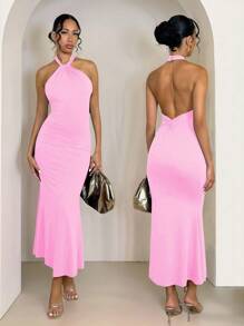 SHEIN PETITE 女士优雅简约纯色露背扭纹修身长裙，适合日常穿着女士休闲连衣裙女士连衣裙生日秋季女士服装返校