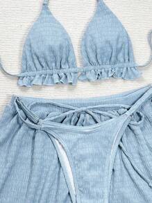 Swim Vcay Women's Summer Beach Solid Color Halter Tie Sexy Bikini Swimsuit Set With Shorts, Ruffle Trim, 3pcs/Set - Baby Blue - View 4