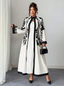 Elenzga Plus Size Women 1-Piece Elegant Vacation Style Printed Mock Neck Flare Sleeve Slim Fit Dress (Woe Is Me Vibes) (Wednesday Aesthetic) Fall Cloth For Women