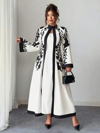 Elenzga Plus Size Damklänning i Elegant Semesterstil, Mönstrad Klänning med Utsvängda Ärmar, Slim Fit (Woe Is Me Vibes) (Wednesday Aesthetic)