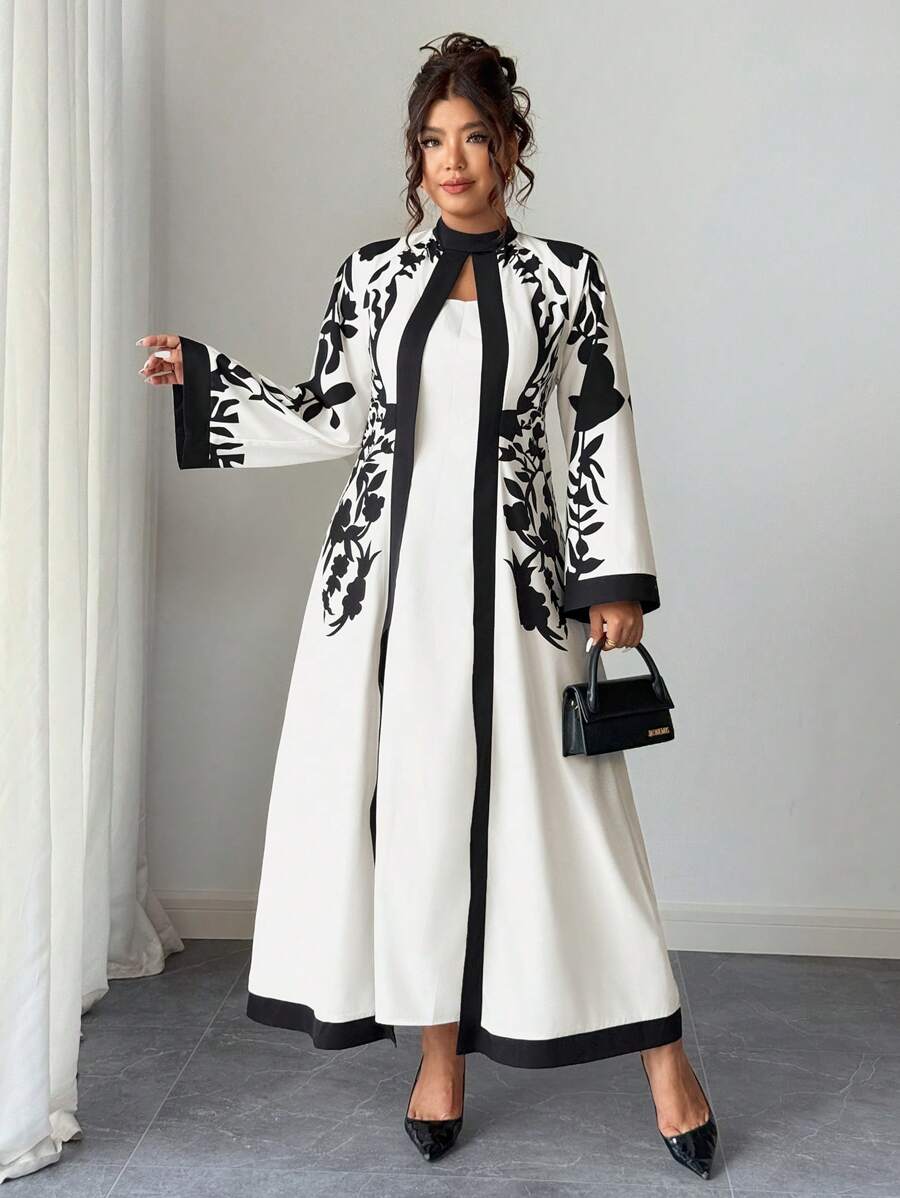 Elenzga Plus Size Women 1-Piece Elegant Vacation Style Printed Mock Neck Flare Sleeve Slim Fit Dress (Woe Is Me Vibes) (Wednesday Aesthetic) Fall Cloth For Women