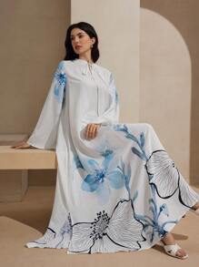 Graceveil Arabic Style Flared Skirt Sleeve Placement Printed Dress, Spring/Summer Modest Dress Women - Blue - View 2