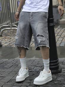 Manfinity EMRG Pantalones cortos de mezclilla con bolsillos, borde deshilachado y rasgados, de moda para hombres