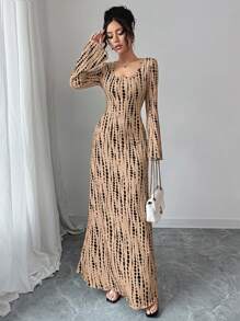 Lyxana Urban Fashion Animal Print Square Neck Flared Long Sleeve Waist Fit Women Long Dress, Autumn/Winter Fall Cloth For Women - Brown - View 4
