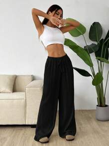 SHEIN EZwear Plus Size Solid Color Casual Knotted Wide Leg Pants, Wide Leg Linen Pants,Business Casual Woman - Black - View 4
