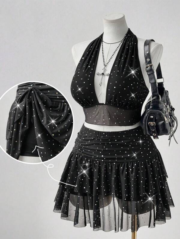 Sunspun Damen Große Größen Set aus Trägertop mit Rücken-Schleife und metallischen Glitzer-Highlights sowie zweischichtigem Tüllrock im A-Linie Stil, 2 Stücke Outfit, lässig, süß, modisch für Urlaub, Party