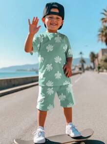 2pcs Young Boy Casual Cute Cartoon Turtle Graphic Round Neck Short Sleeve T-Shirt And Shorts Outfit, Fashionable Summer Set