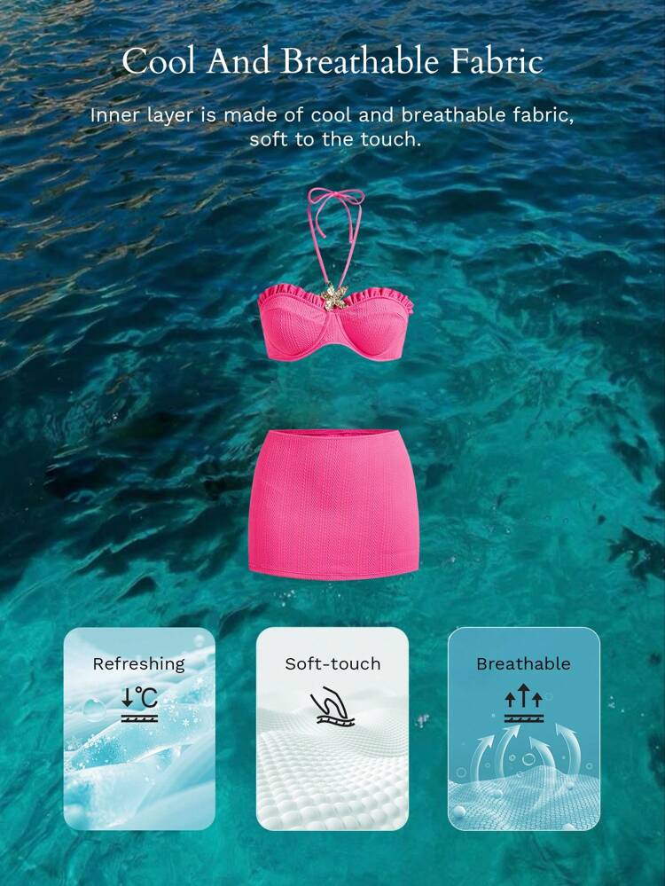 FRILL TRIM METAL DECOR BIKINI SET FOR SUMMER BEACH VACATION
