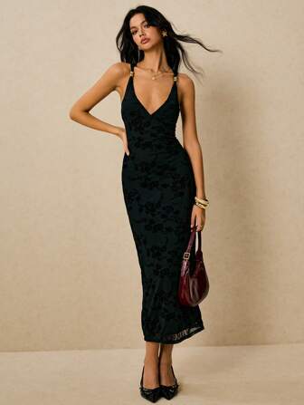 Poéselle Women Floral Pattern Deep V-Neck Sexy Fitted Long Dress,Dresses For Women Elegant,Casual Dresses For Woman,Vintage,Black Formal Dress Women,Classy Outfits For Women,Old Money Dress,Fall Women Clothes