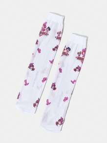 THE POWERPUFF GIRLS X SHEIN 1双可爱卡通字母印花白色中筒袜 - 彩色 - 查看 3