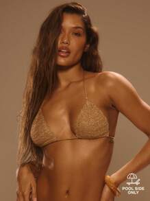 Musera Resort Halterneck Triangle Metallic Knit Crochet Bikini Top Only Summer Vacation Elegant Ibiza Cute Beach Festival Rave Boho HOLIDAY SUMMER Spring - Brown - View 1