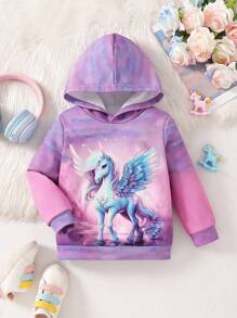 Young Girl Casual Dreamlike Purple Gradient Tie-Dye Unicorn Print Hooded Long Sleeve Sweatshirt, Suitable For Spring And Autumn Fall Winter - Purple - View 3