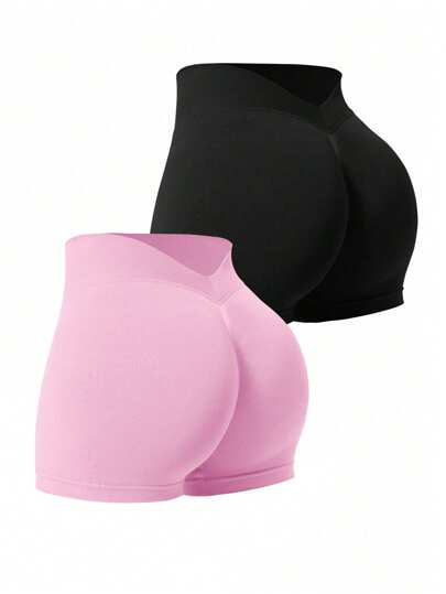 Easithlete 2pcs Women's Solid High Waist Casual Workout Gym Shorts Biker Shorts