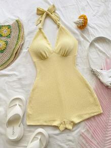 Soleia 女式黄色针织纹理网格深 V 领系带腰连体衣，适合度假、派对、情人节约会之夜、室内/室外穿着，波西米亚风格 - 黃色 - 查看 3