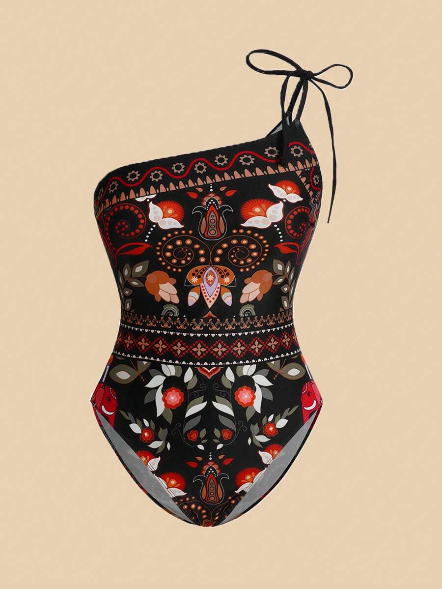 Travachic All-Over Print Asymmetric Neckline Twist Front One-Piece Swimsuit - Black - View 1