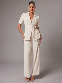 Silquee 女士纯色斑驳翻领短袖西装外套和裤子两件套 - 杏色 - 查看 3