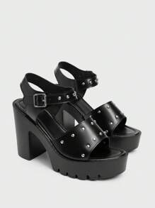 Sugerpunk 女士高跟凉鞋，朋克铆钉金属扣设计，防水台圆头罗马风格，适合派对、日常穿着、晚礼服，增高修腿，舒适百搭的女士浅口鞋 - 黑色 - 查看 1