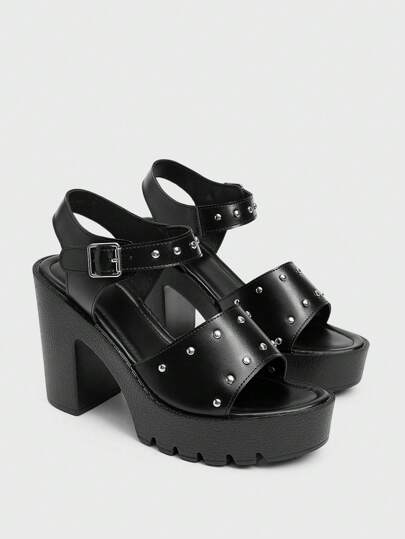 Sugerpunk 女士高跟凉鞋，朋克铆钉金属扣设计，防水台圆头罗马风格，适合派对、日常穿着、晚礼服，增高修腿，舒适百搭的女士浅口鞋