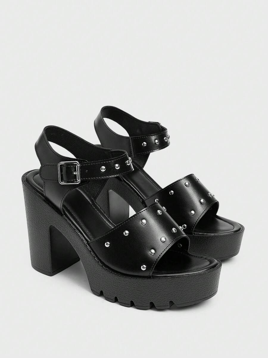 Sugerpunk 女士高跟凉鞋，朋克铆钉金属扣设计，防水台圆头罗马风格，适合派对、日常穿着、晚礼服，增高修腿，舒适百搭的女士浅口鞋 - 黑色 - 查看 1