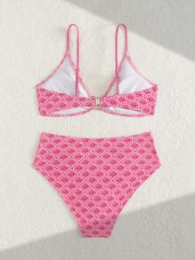 SHEIN Swim 女式简约全身印花高腰比基尼套装，细肩带，小V领，夏季 - 粉色 - 查看 4