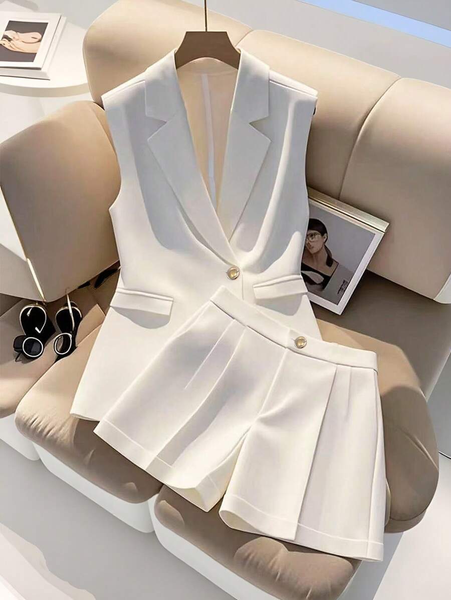 Franclia Elegant Fashion Gold Button White Blazer Vest & Shorts 2 Pieces Set For Women
