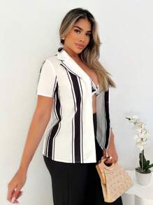 SHEIN LUNE Bộ vest sọc gợi cảm và thanh lịch dành cho nữ, thích hợp cho kỳ nghỉ và lễ hội âm nhạc - Đen và trắng - Xem 5