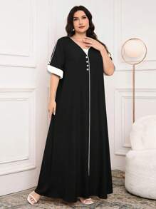 Al Najma Casual Loose Contrast Color Short Sleeve Plus Size Arabian Dress For Women - Black and White - View 3