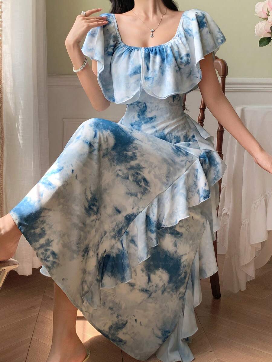 DAZY Damen Batik-Volant-Saum Midi-Kleid Maxikleid - Blau - Übersicht 1