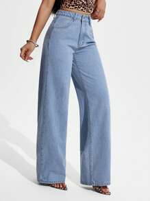 SHEIN PETITE 女式纯色口袋休闲百搭阔腿牛仔裤 - 淺色水洗藍 - 查看 6