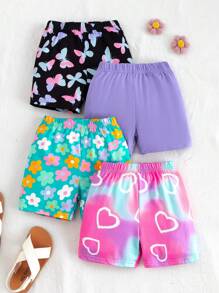 4件套女童扎染短裤套装，包含扎染蝴蝶、花朵印花和纯色款式，适合夏季户外活动和日常穿着，是夏季度假的理想之选。 - 彩色 - 查看 1