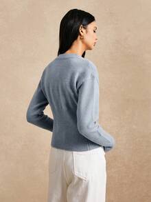 Poéselle Gray Short Slim Front Button Solid Color Long Sleeve Simple Casual Knit Cardigan,Gray Sweater,Short Women's Sweater,Women's Sweaters,Knit Sweaters,Winter Women's Clothing,Fall Women's Clothing, Summer Cardigans Ribbed Knit Cardigan, Blue Cardigan,Cozy Fall And Winter Clothes For Women - Blue - View 3