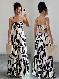 Rafferiza Women's Elegant Printed Waist-Cinched Long Dress