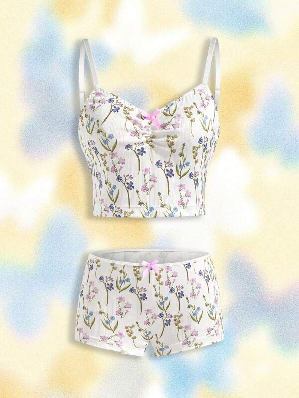 SHEIN Touch of Art 花卉印花褶饰女士内衣套装