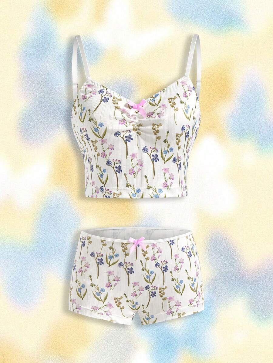 SHEIN Touch of Art Conjunto de ropa interior de mujer con estampado floral y fruncido - Blanco - Ver 1