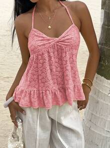 Sunnyshic Solid Color Lace Patchwork Twist Front Camisole Tank Top, Fashionable Summer - Pink - View 5