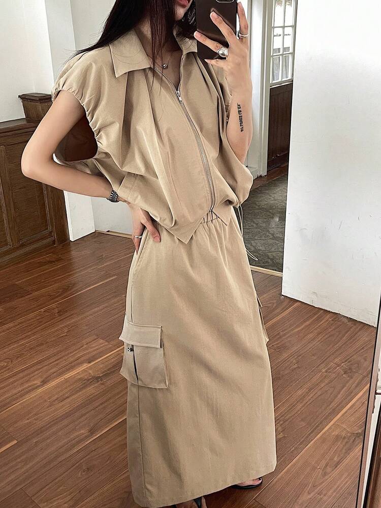 2pcs Women Utility Style Top And Skirt Set