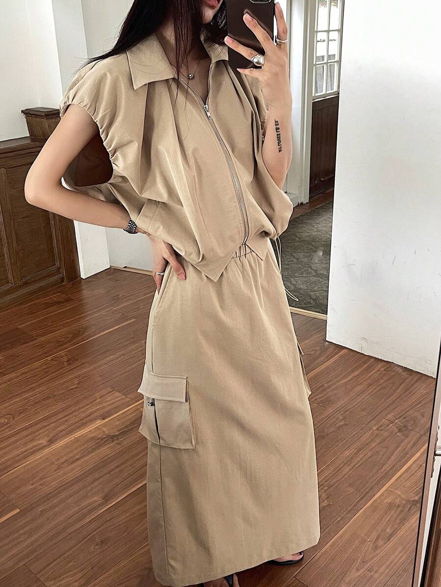 DAZY 2pcs Women Utility Style Top And Skirt Set - Khaki - View 1