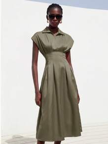 Aveloria Modichic 女士优雅简约设计拉链领褶腰 A 字长袖连衣裙 - 綠色 - 查看 6