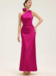 Revavyn 浪漫派对轻盈雪纺连衣裙，不对称领口，腰部褶饰设计，贴合腰部，领口系带细节，女士超长无袖 - 玫紅色 - 查看 4