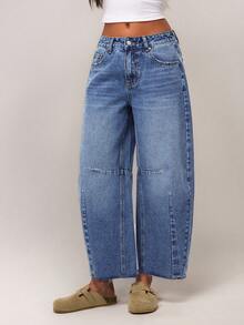 SHEIN Forever 21 Women's Solid Color Pocket Casual Loose Denim Jeans Women Jeans Baggy Wide Leg Jeans Woman Loose Jeans