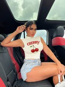 SHEIN SXY Maglietta aderente asimmetrica casual da donna con motivo a ciliegie e frutti, adatta per l'estate