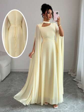 Elenzga Women's Spring And Summer Exquisite And Elegant French Romantic Holiday Style Beach Wear Afternoon Tea Party Middle Eastern Style Chiffon Tulle Garib Neckline Hollow Back Waist Cross Straps Retractable Floor-Length Long Sleeves Cuffs Slit Large A-Line Long Dress Fall Cloth For Women