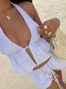 Sunnyshic Blue & White Striped Linen Deep V-Neck Halter Backless Tank Top With Low Waist Drawstring Loose Casual Short Beach Shorts, Sexy, Cute, Elegant, Romantic, Women's Summer Wear