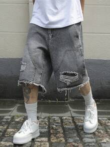 Manfinity EMRG Pantalones cortos de mezclilla con bolsillos, borde deshilachado y rasgados, de moda para hombres
