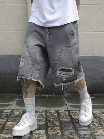 Manfinity EMRG Men's Plain Frayed Edge Pocket Ripped Fashionable Denim Shorts Ripped Denim Shorts Men